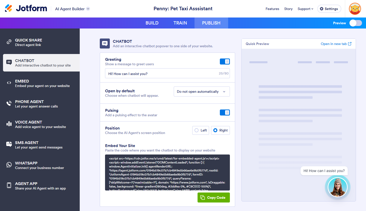 Chatbot section in Publish tab of the Jotform AI Agent Builder