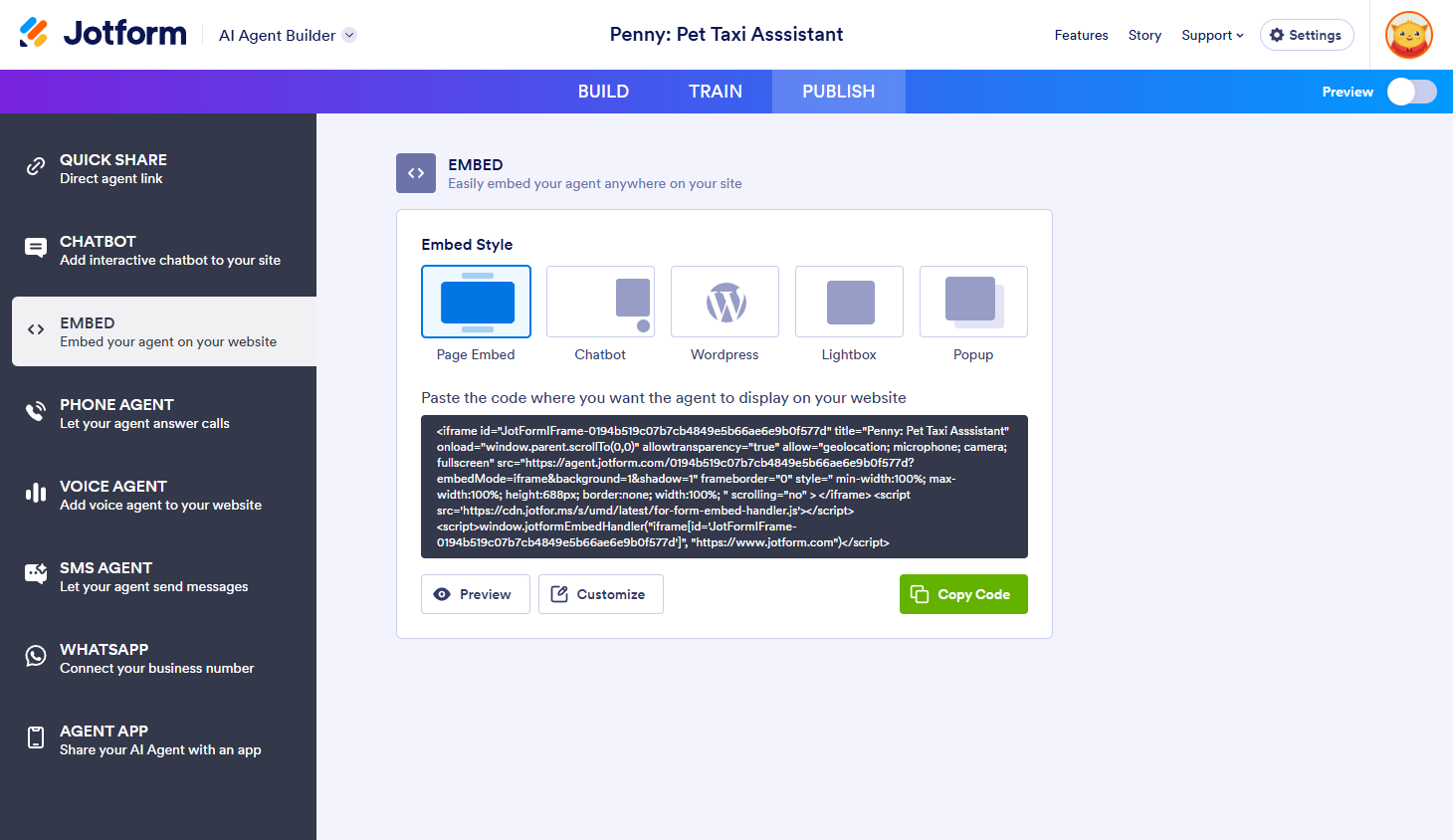 Embed section in Publish tab of the Jotform AI Agent Builder