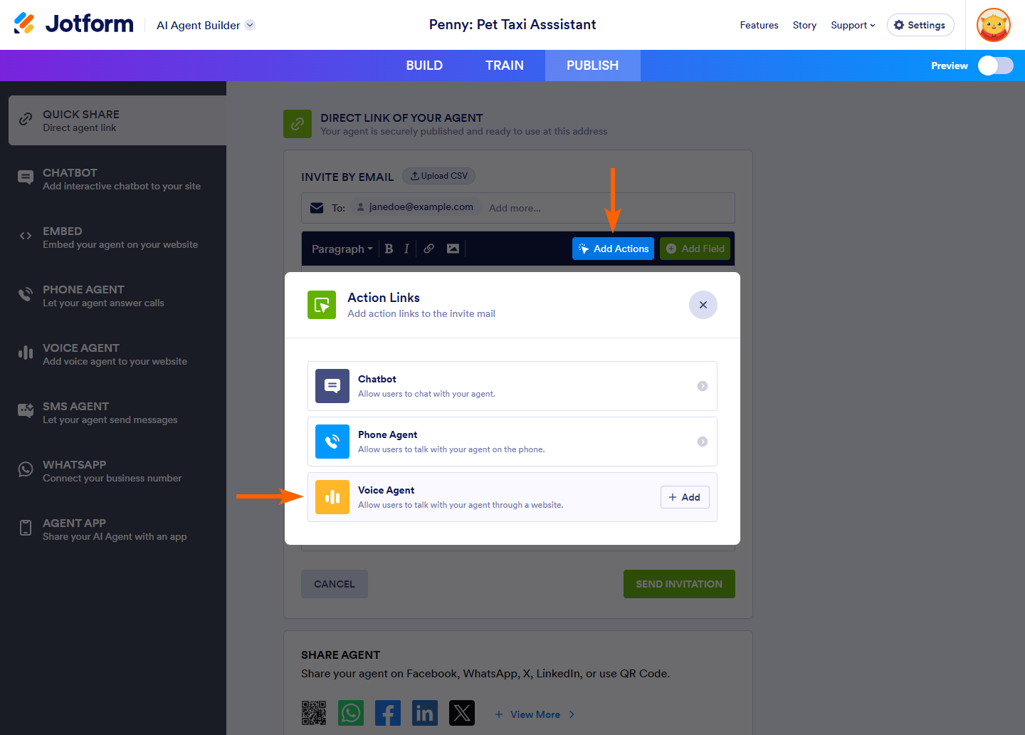 Voice Chat option on the Action Links modal in the Invite By Email section of the Jotform AI Agent Builder Publish tab