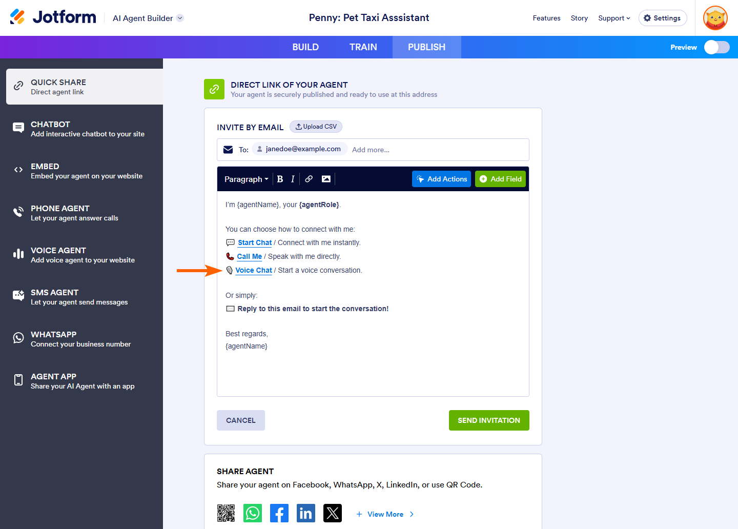 Voice Chat action link in the Invite By Email section of the Jotform AI Agent Builder Publish tab