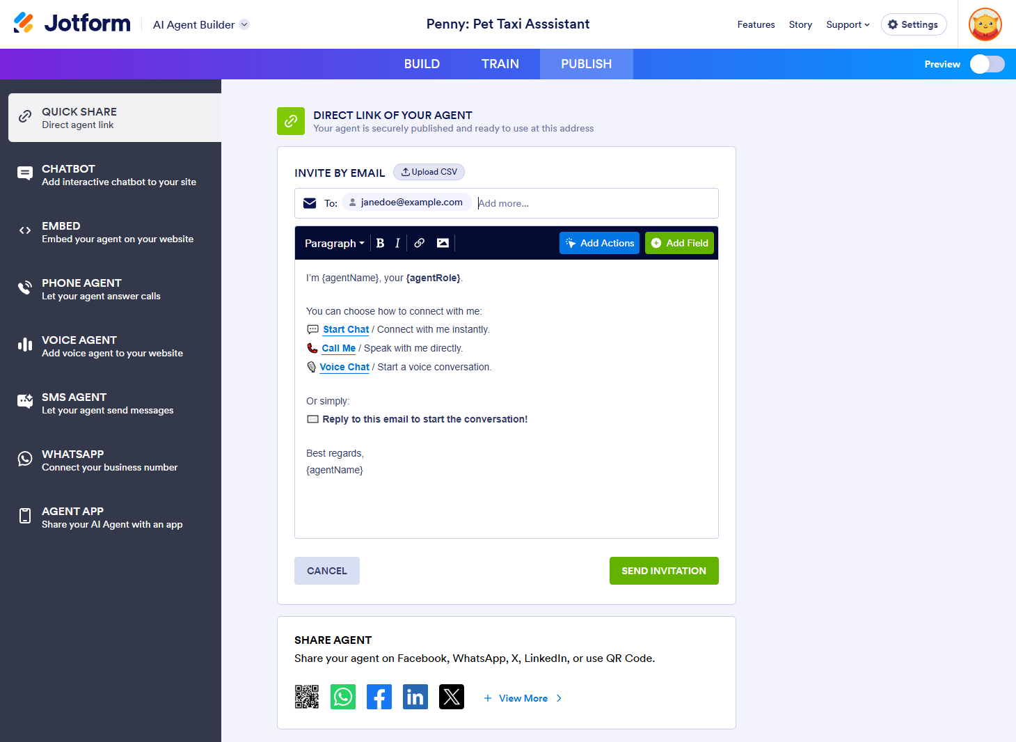 Invite By Email section in Publish tab of the Jotform AI Agent Builder