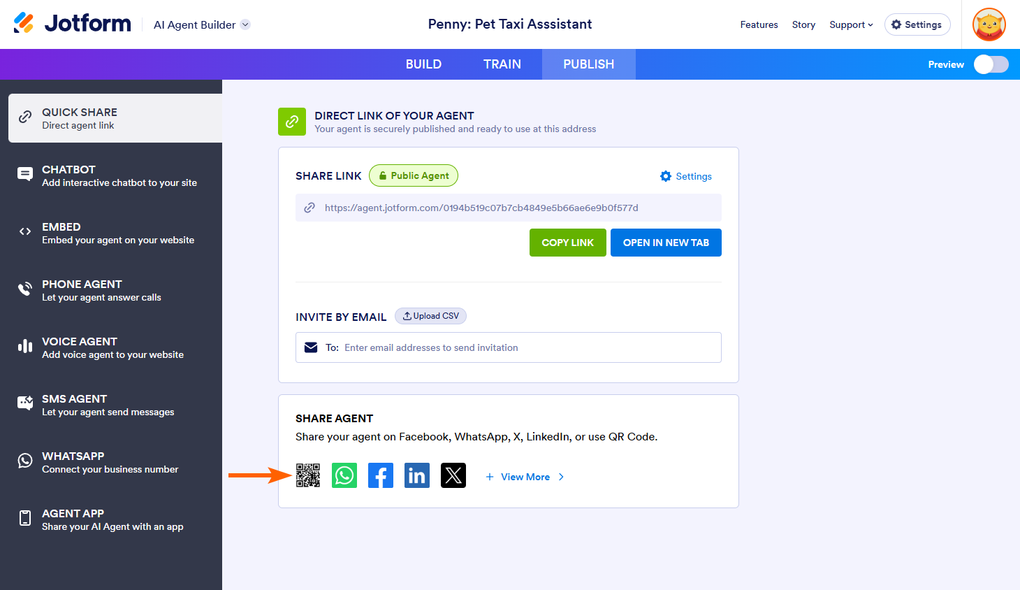 Share Agent section in Publish tab of the Jotform AI Agent Builder