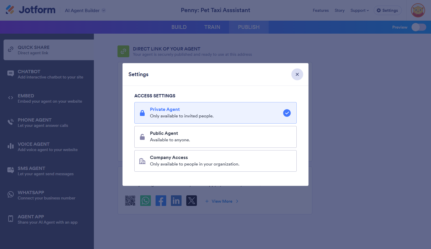 Private Agent option of the Share Link Access Settings in Publish tab of the Jotform AI Agent Builder
