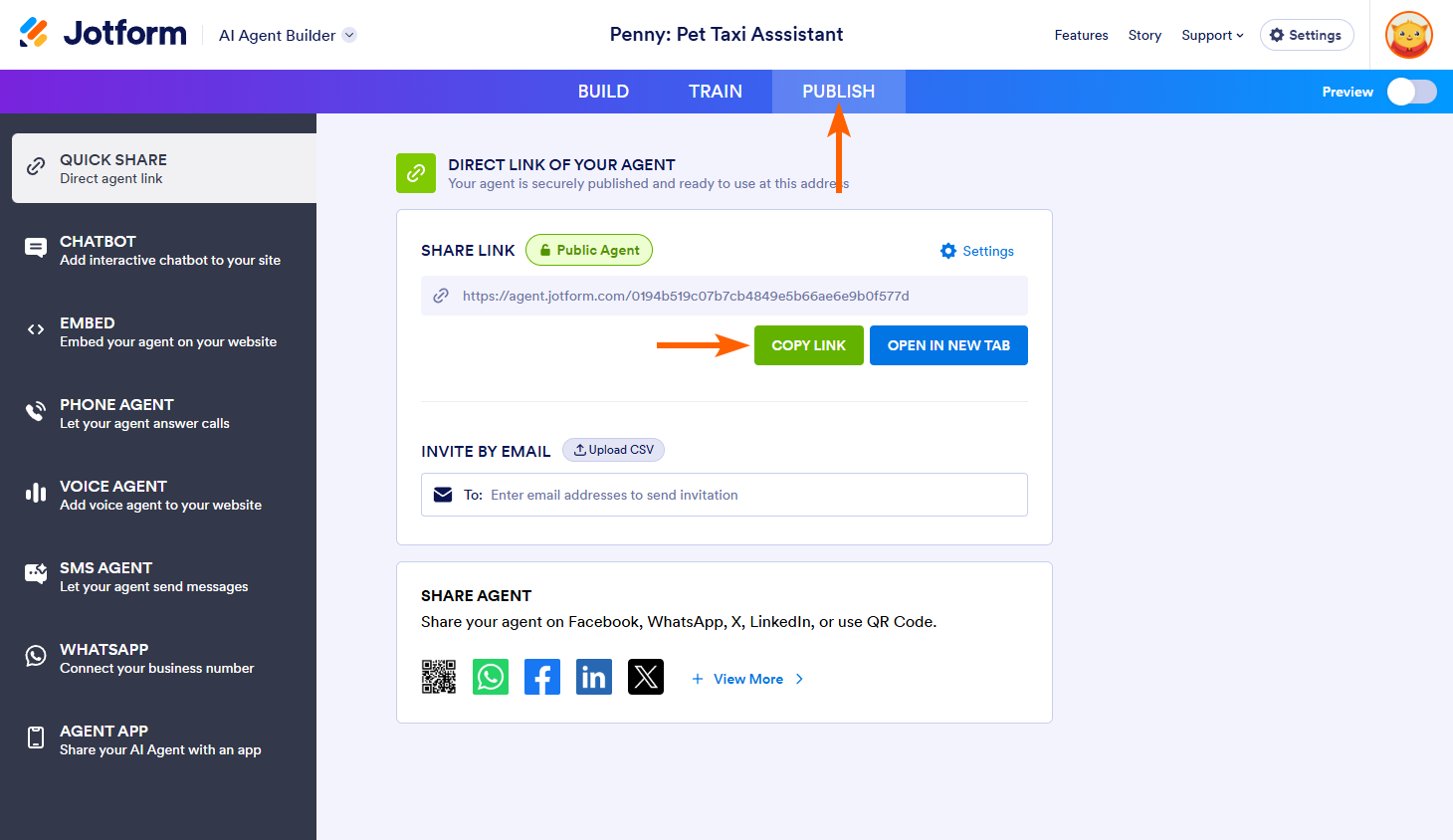 Copy Link button of Share Link section in Publish tab of the Jotform AI Agent Builder