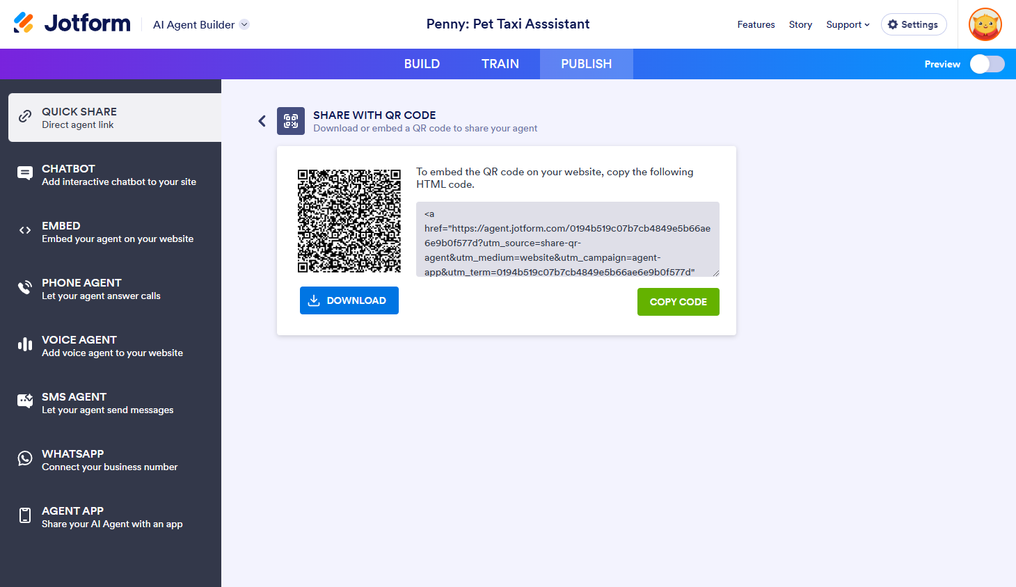Share With QR Code section in Publish tab of the Jotform AI Agent Builder