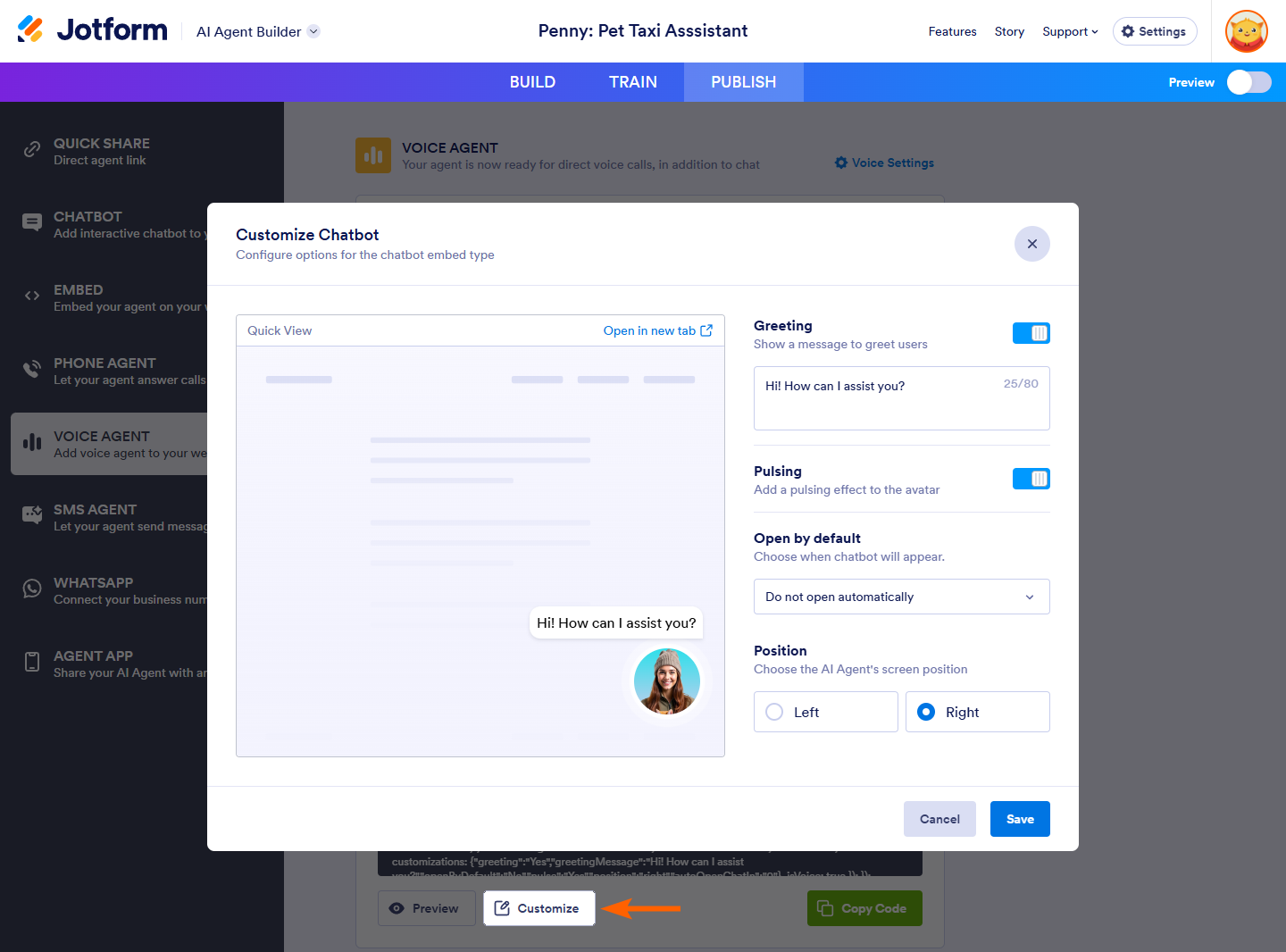 Customize button of the Chatbot option in the Voice Agent section of the Jotform AI Agent Builder Publish tab