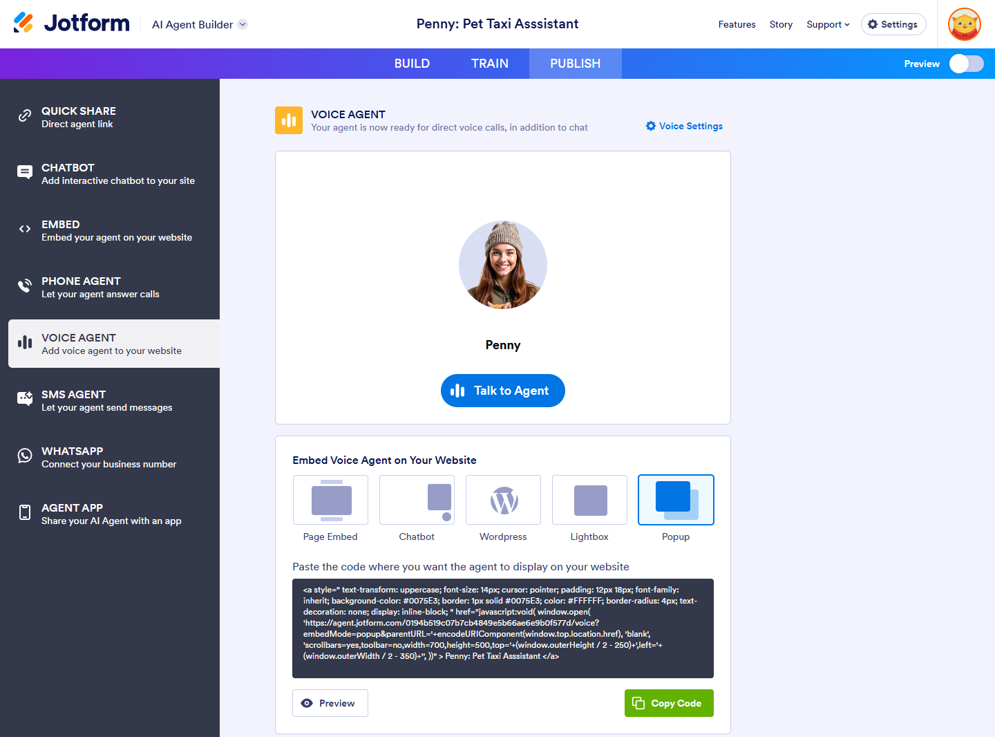Popup option in the Voice Agent section of the Jotform AI Agent Builder Publish tab