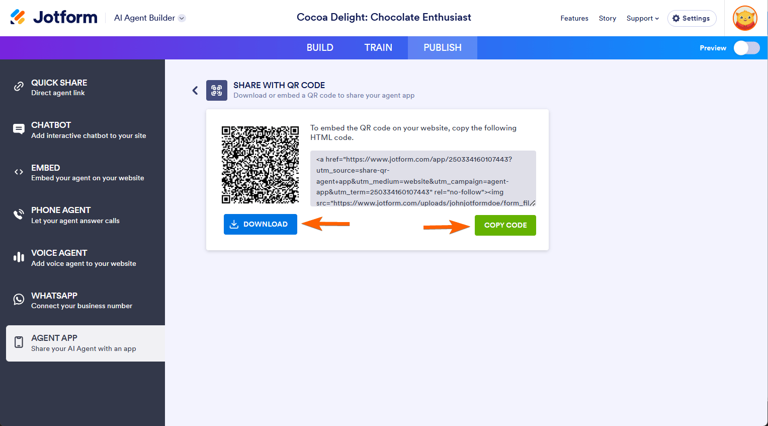 Download and Copy Code button in the Share with QR Code option of Jotform AI Agent
