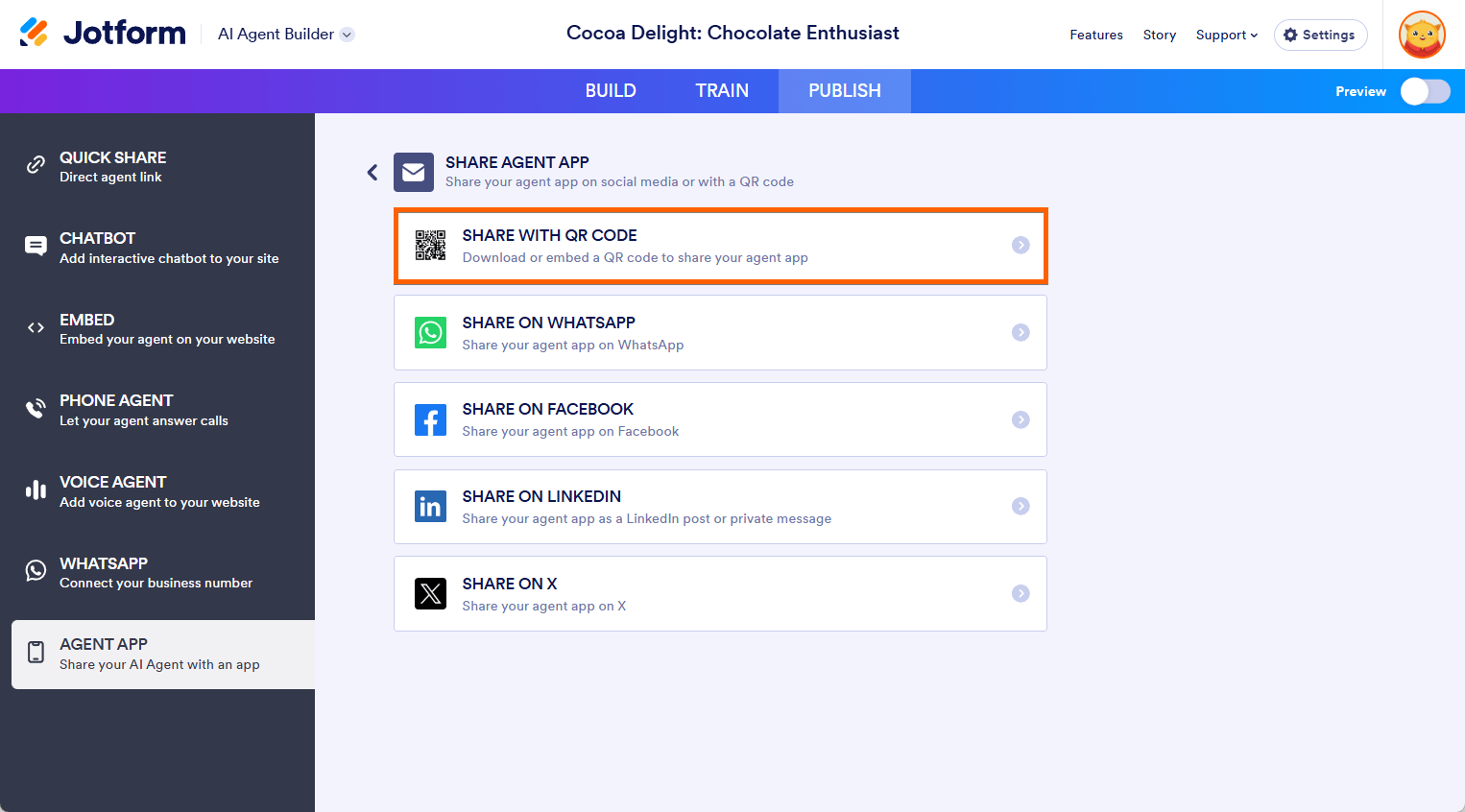 Share with QR Code option in the Share Agent App screen of the Jotform AI Agent Builder