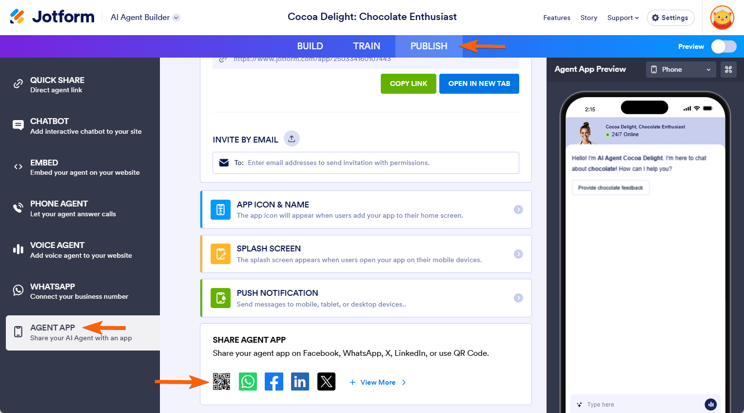 Agent App screen of the Jotform AI Agent Builder