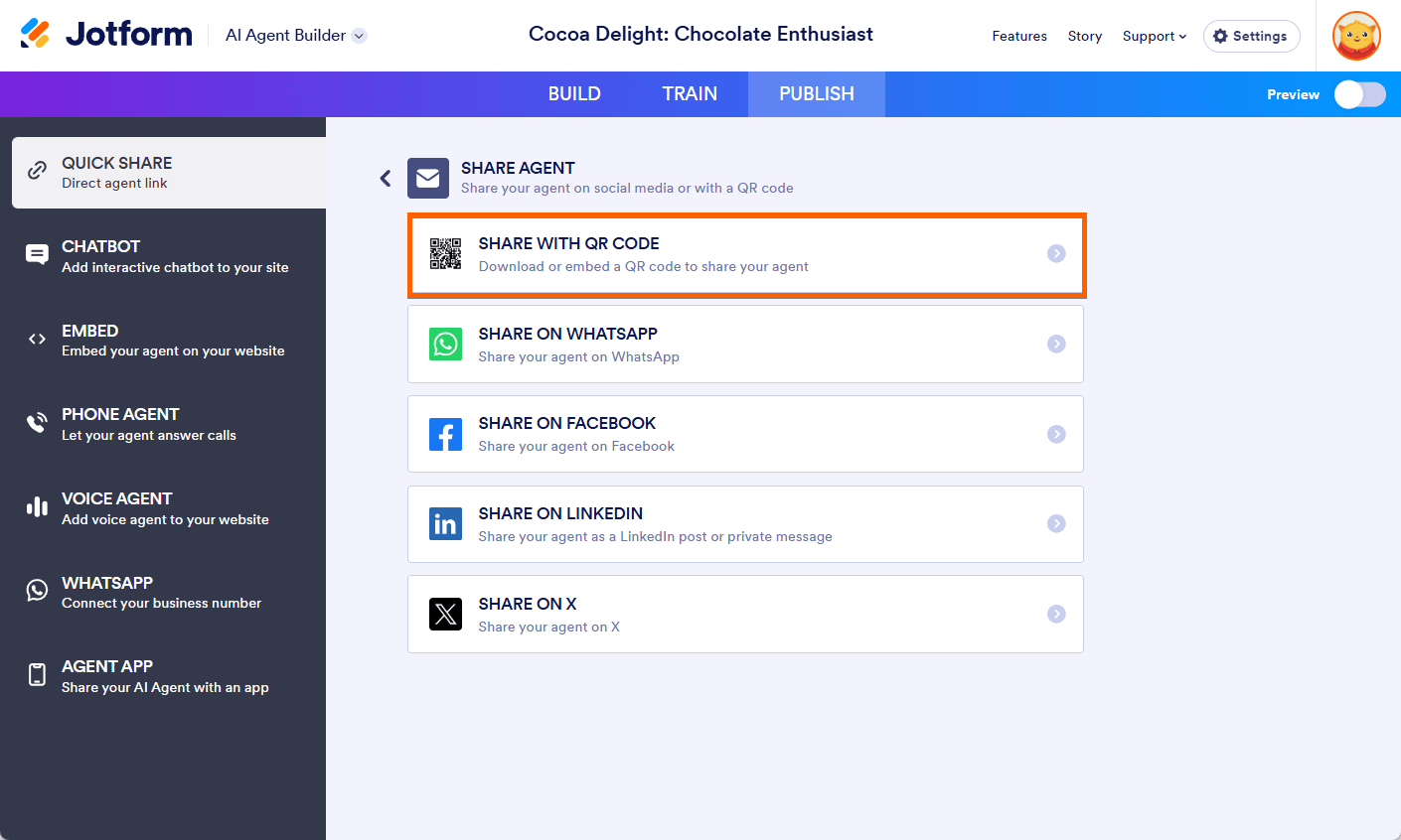 Share with QR Code option in the Share Agent screen of the Jotform AI Agent Builder