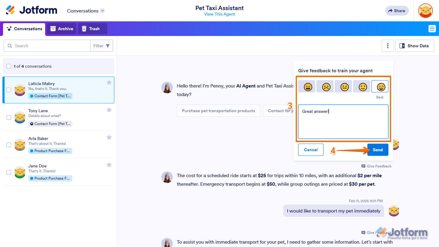 Send button of Comment box in Jotform Conversations