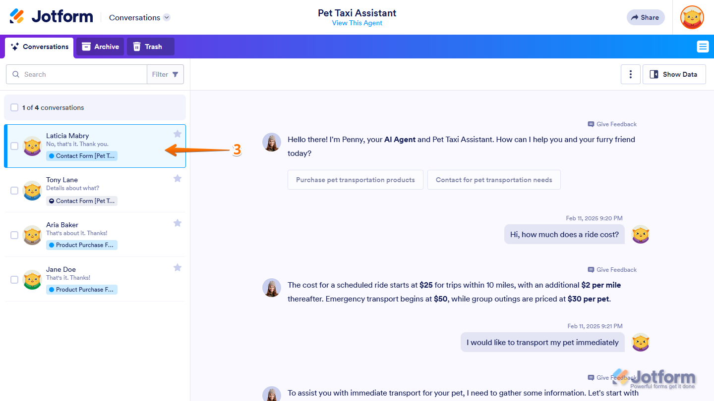 Conversation list in Jotform Conversations