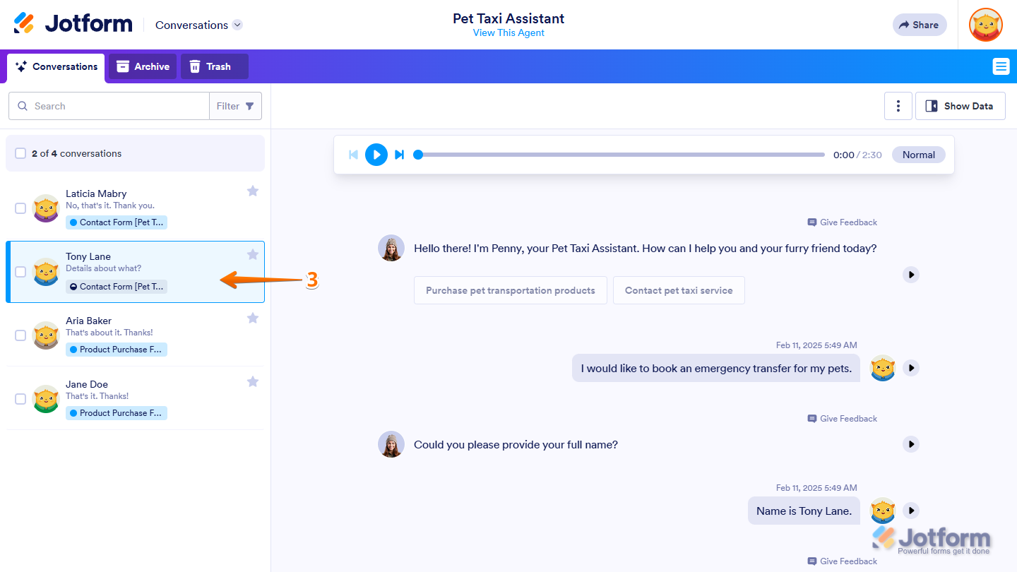 Conversation list in Jotform Conversations