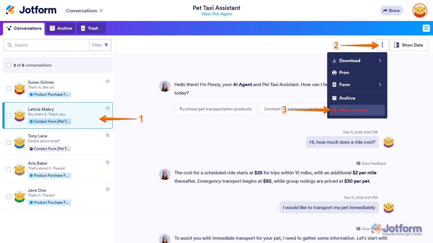 Delete option in Jotform Conversations