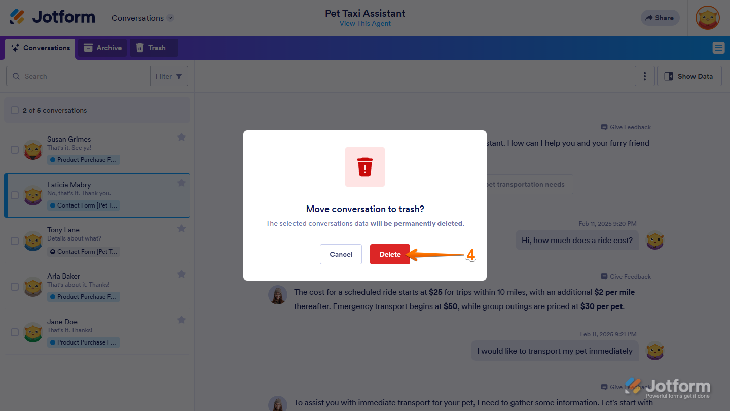 Delete button of the Move to Trash confirmation window in Jotform Conversations