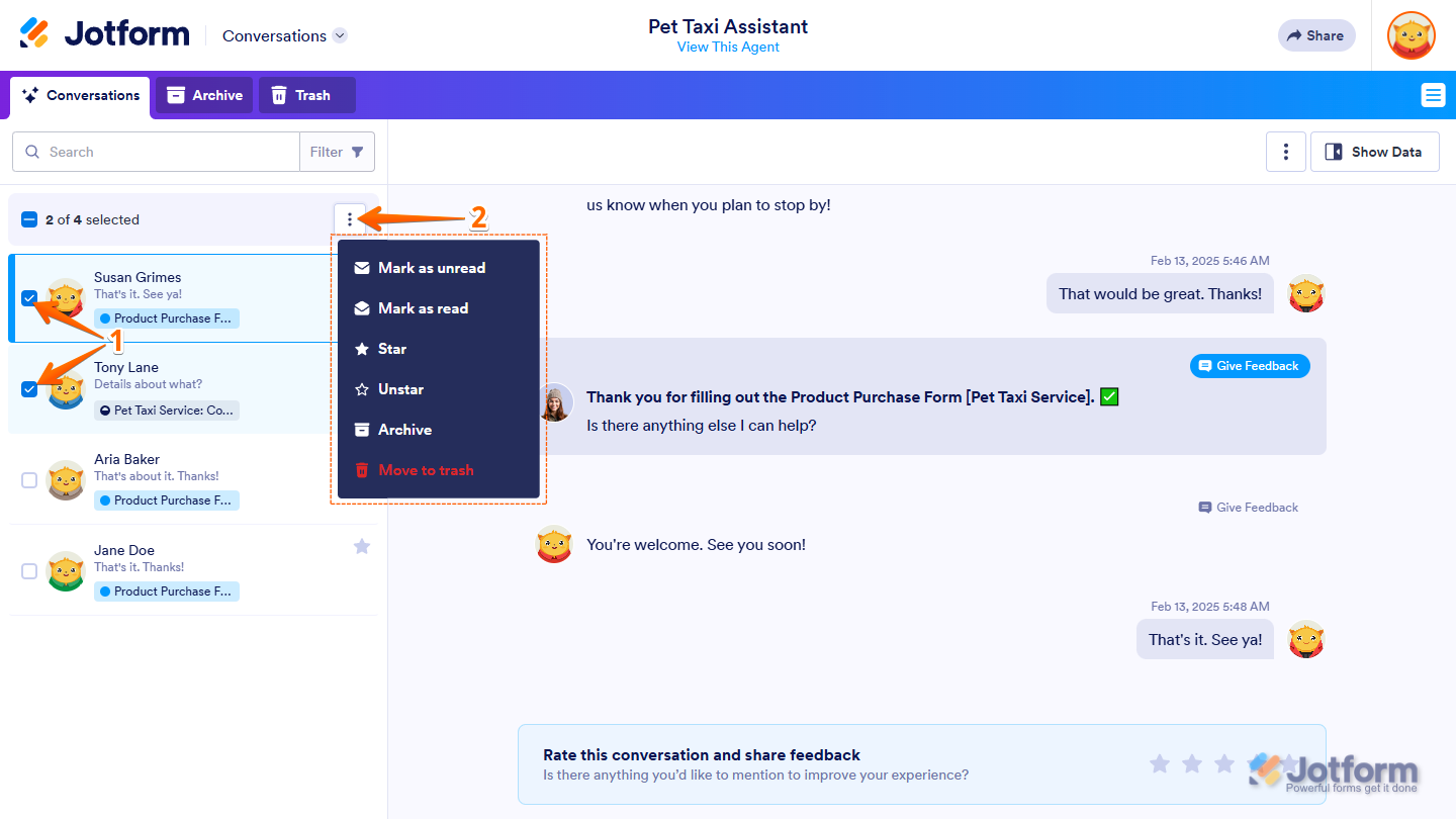 Multiple conversation selected menu in Jotform Conversations