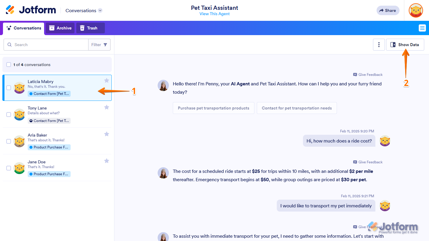 Show Data button in Jotform Conversations