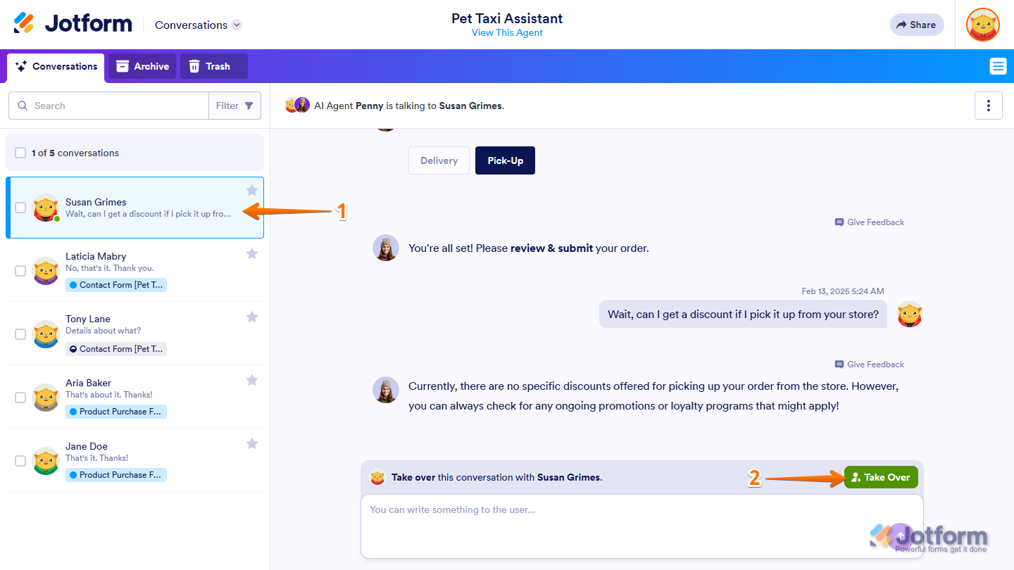 Take Over button in Jotform Conversations