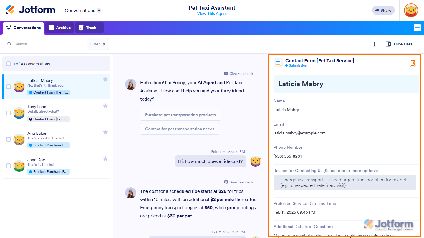View Data section in Jotform Conversations