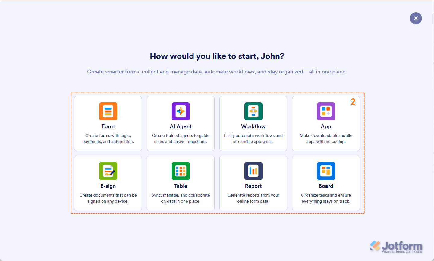 User interface displaying asset creation options in Jotform: Form, AI Agent, Workflow, App, E-Sign, Table, Report, and Board, each leading to its own builder.
