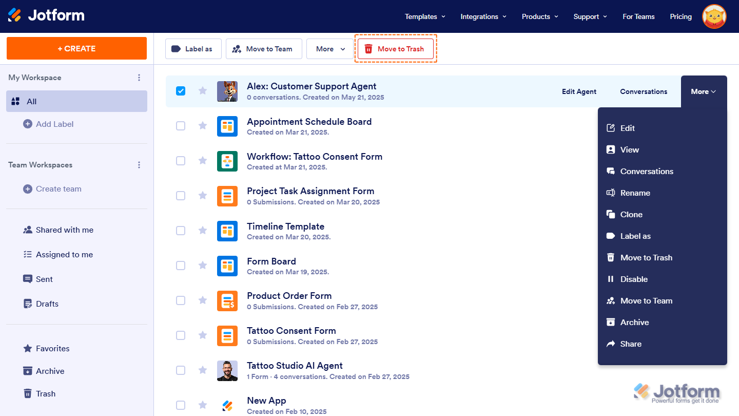 More and Move to Trash option on the Top Menu Workspace Jotform