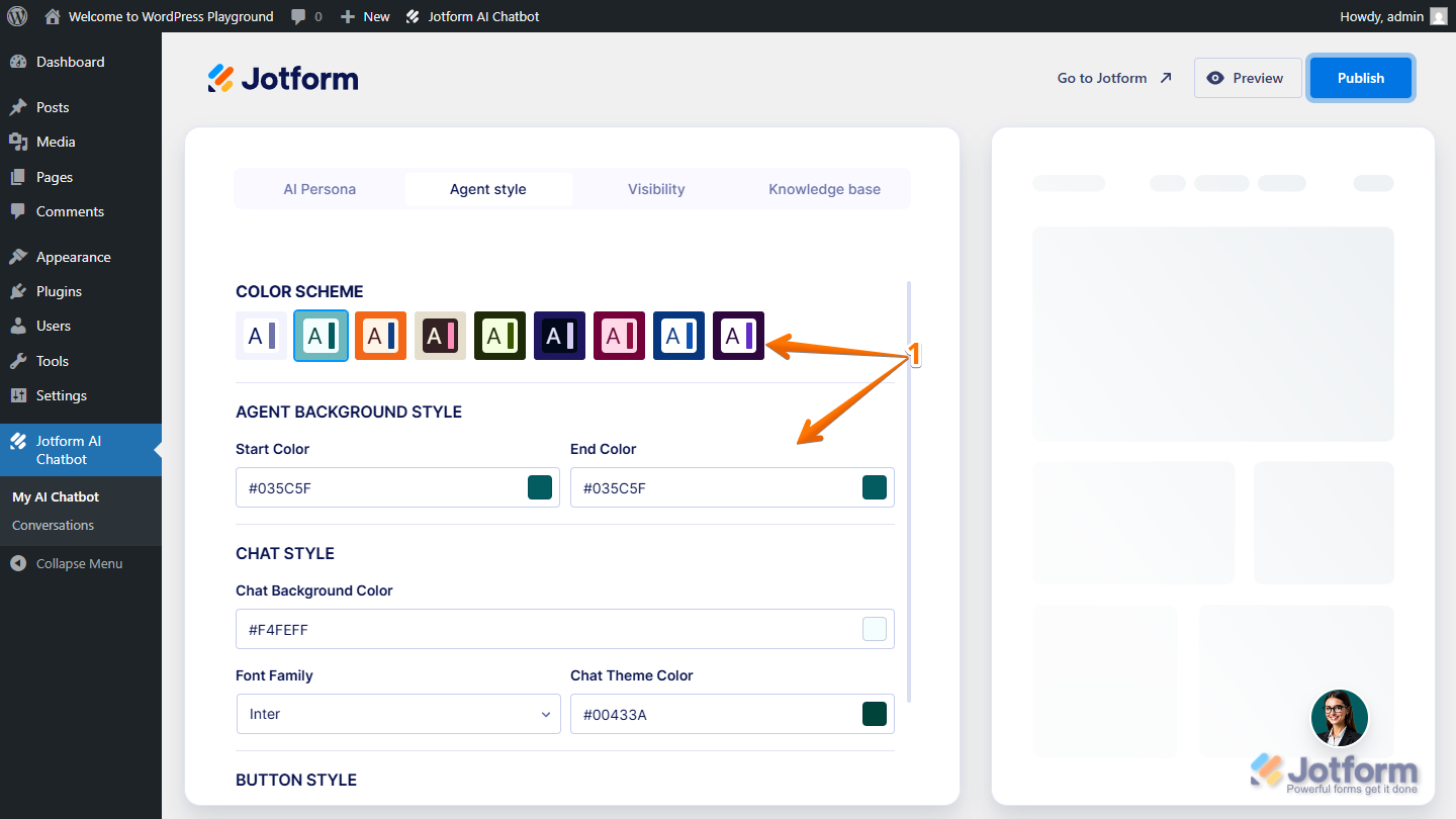 Jotform AI Chatbot Page Setting Up Color Scheme, Agent Background Style in WordPress