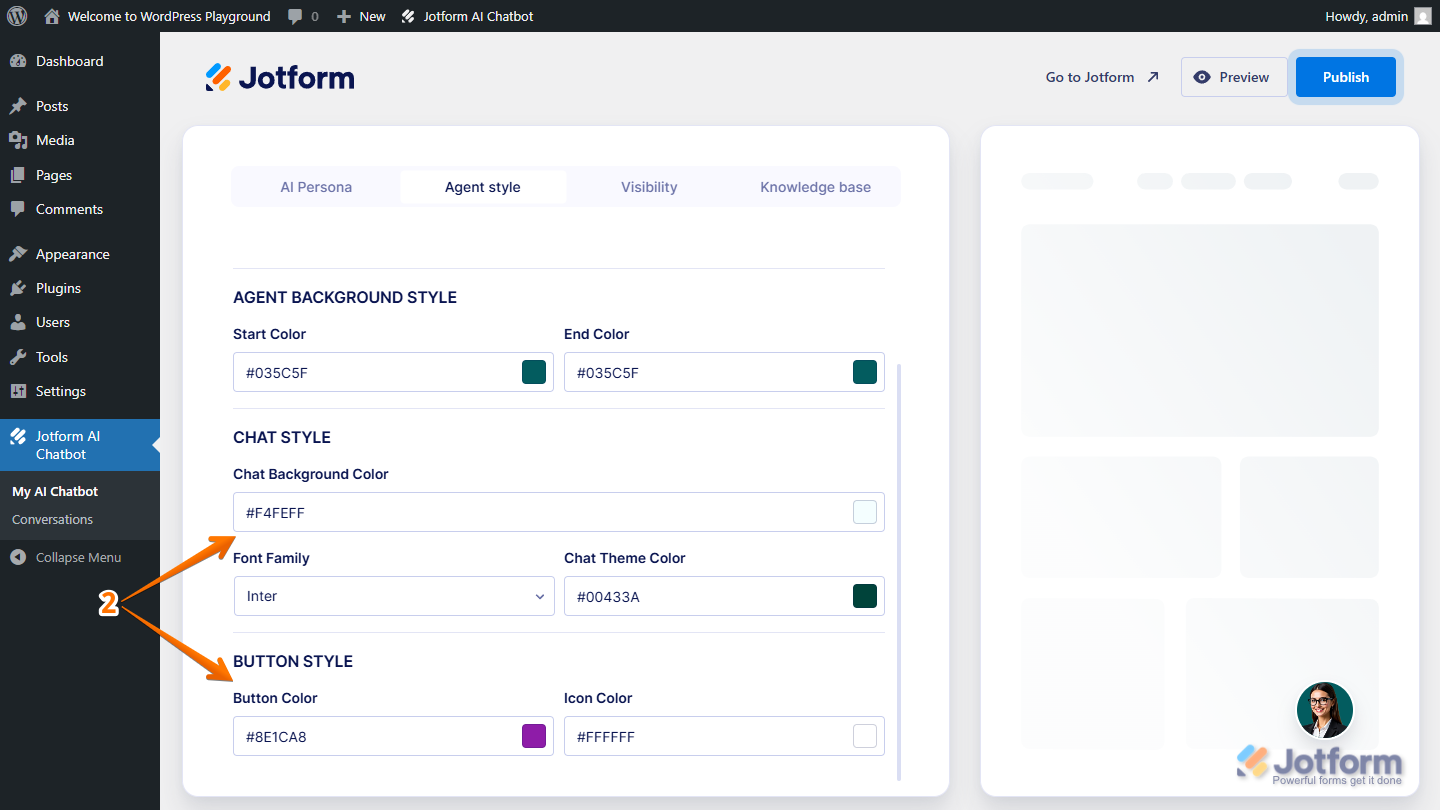 Jotform AI Chatbot Page Setting Up Chat Style, Button Style in WordPress