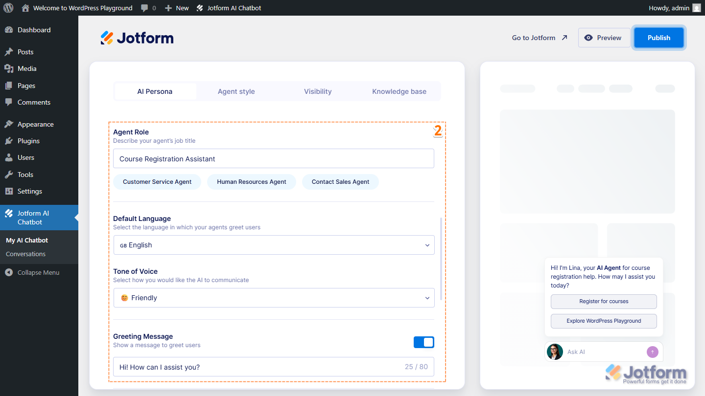 Jotform AI Chatbot Page, Under AI Persona tab, customizing Agent Role, Default Language, Tone of Voice, Greeting Message in WordPress