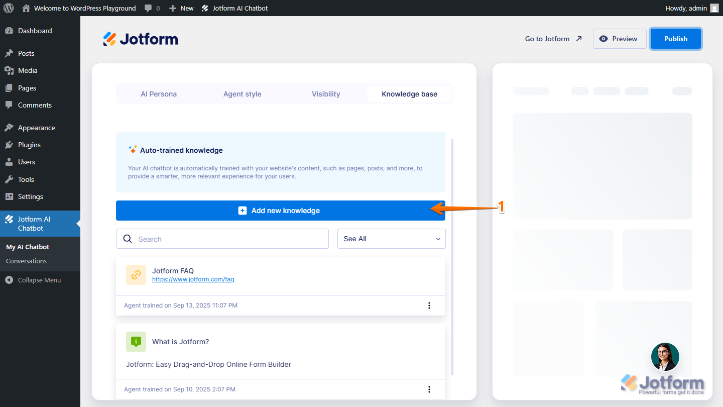 Jotform AI Chatbot Page, under the Knowledge Tab, Add New Knowledget button in WordPress