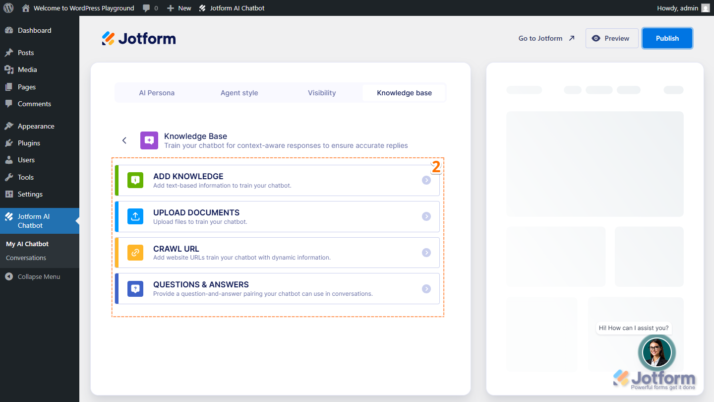 Jotform AI Chatbot Page, under the Knowledge tab, ways to add Add Knowledge, Upload Documents, Craw URL and Questions and Answers in WordPress