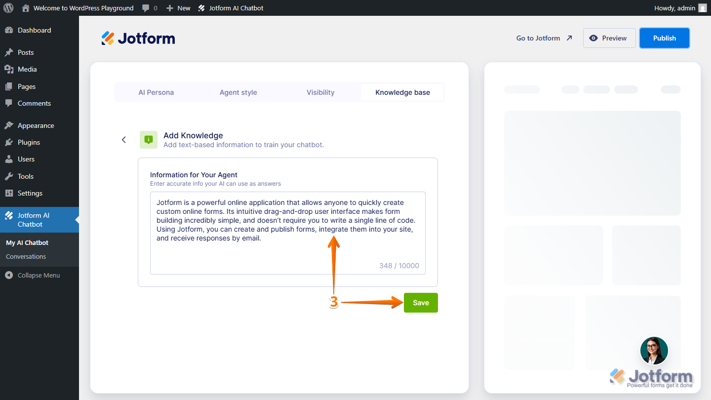 Add knowlege in the Information for Your Agent in Jotform AI Agent in WordPress