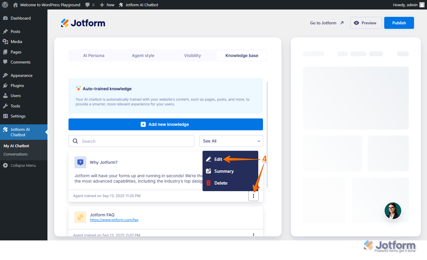 Edit option in Existing Knowledge based in Jotform AI Chatbot WordPress in Jotform