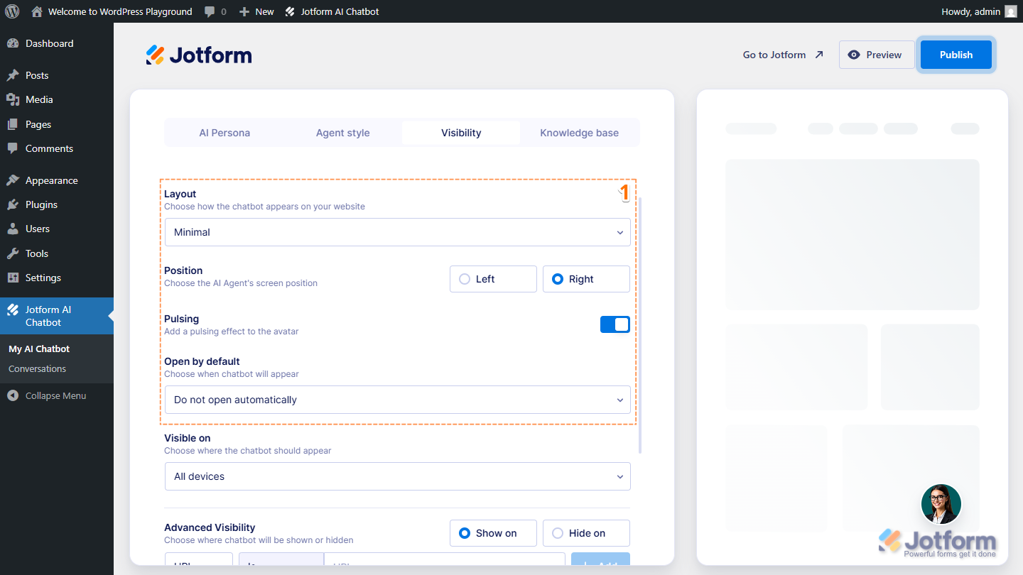 Jotform AI Chatbot Page Setting Up Color Scheme, Agent Background Style in WordPress