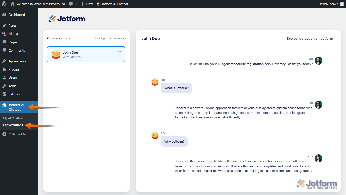 Conversations Tab in Jotform AI Chatbot in WordPress