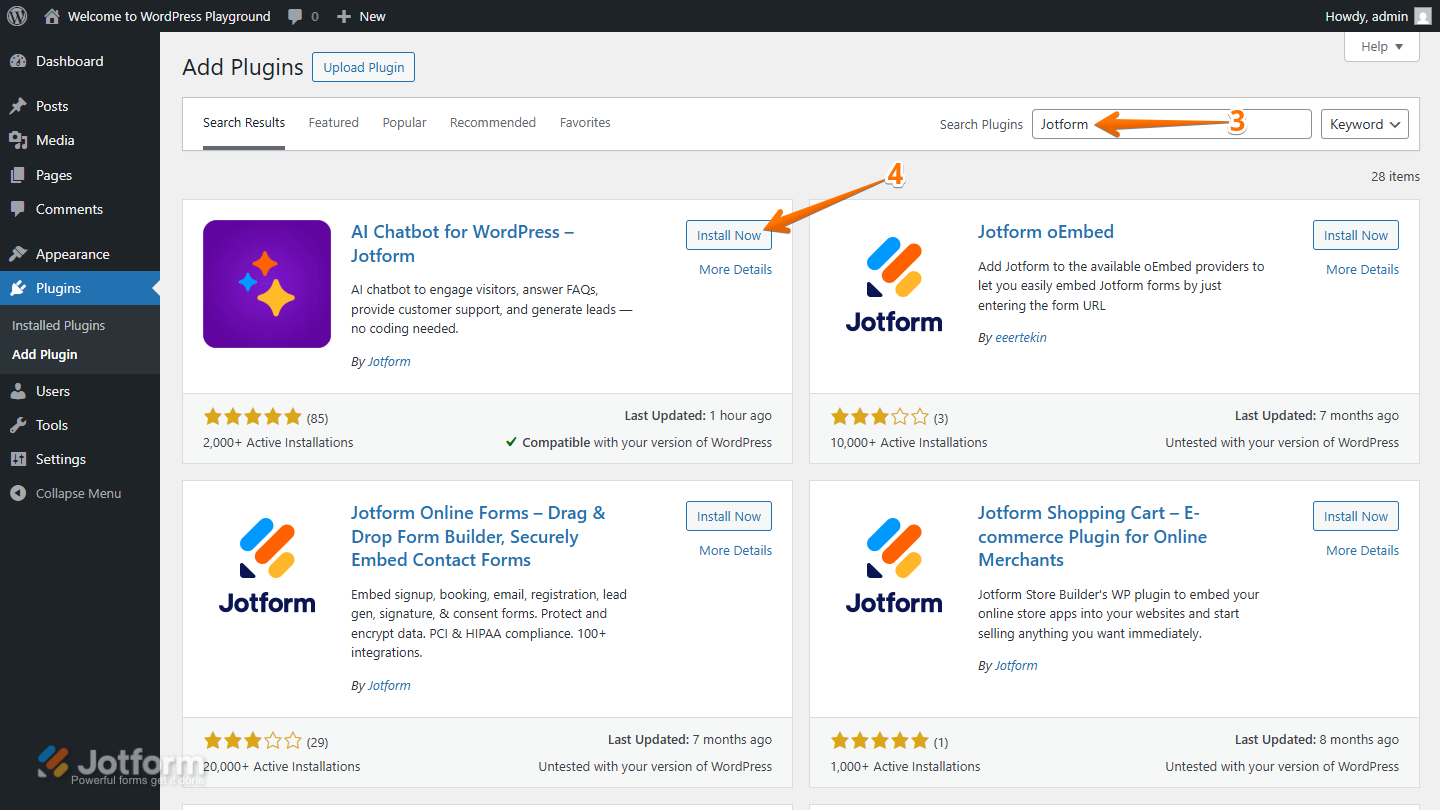 Install Now button for AI Chatbot for WordPress Jotform in Add Plugins Page in WordPress