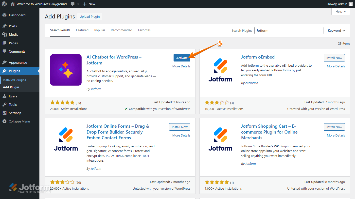 Activate button for AI Chatbot for WordPress Jotform in Add Plugins Page in WordPress