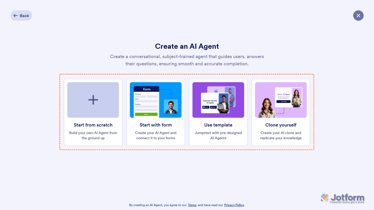 Create an AI Agent options on Jotform My Workspace page