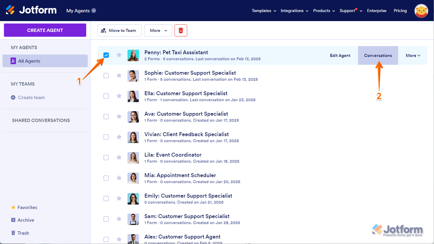Conversations button of a selected AI Agent in Jotform My Agents page