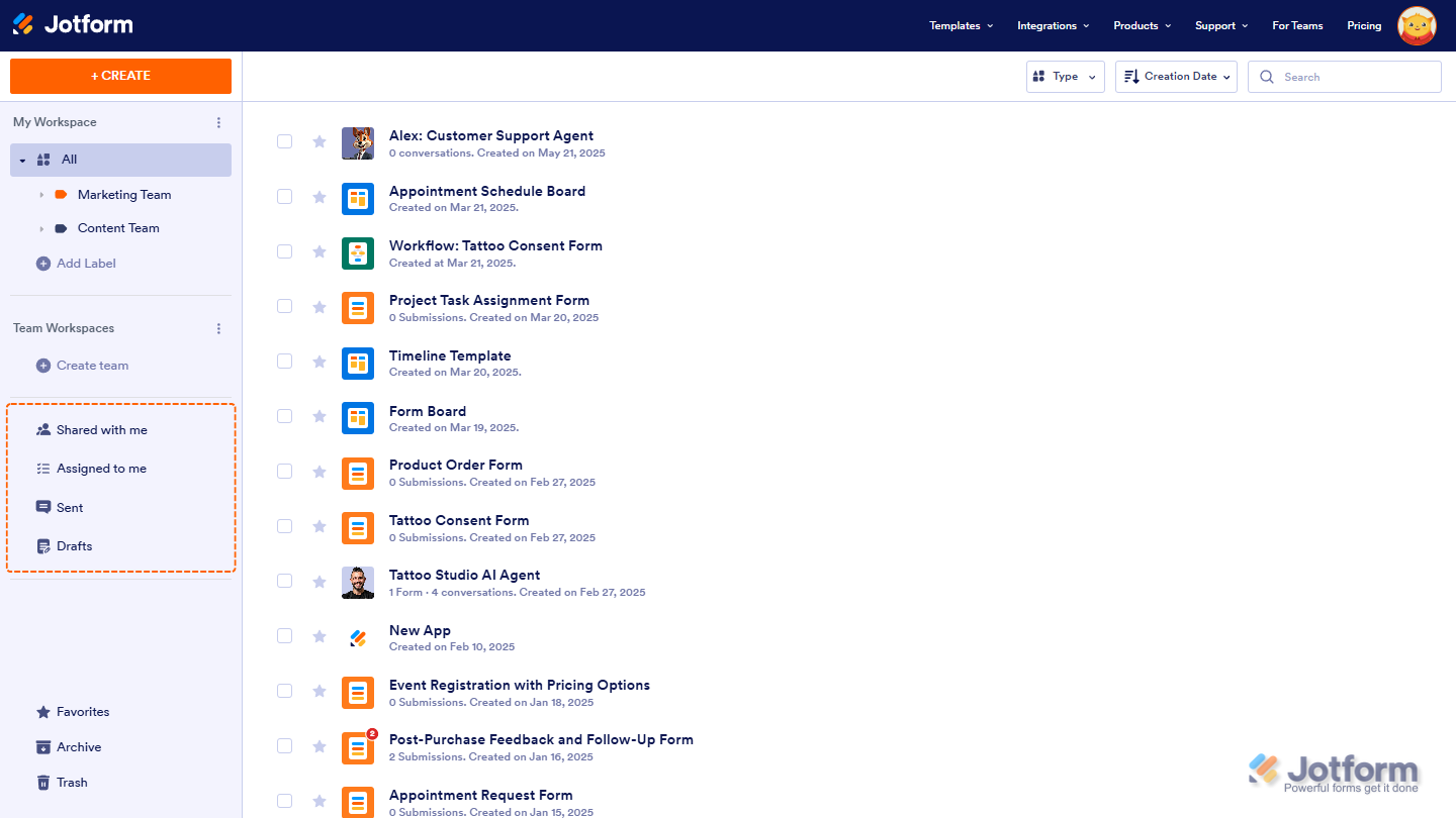 Collaboration Section in Workspace Jotform