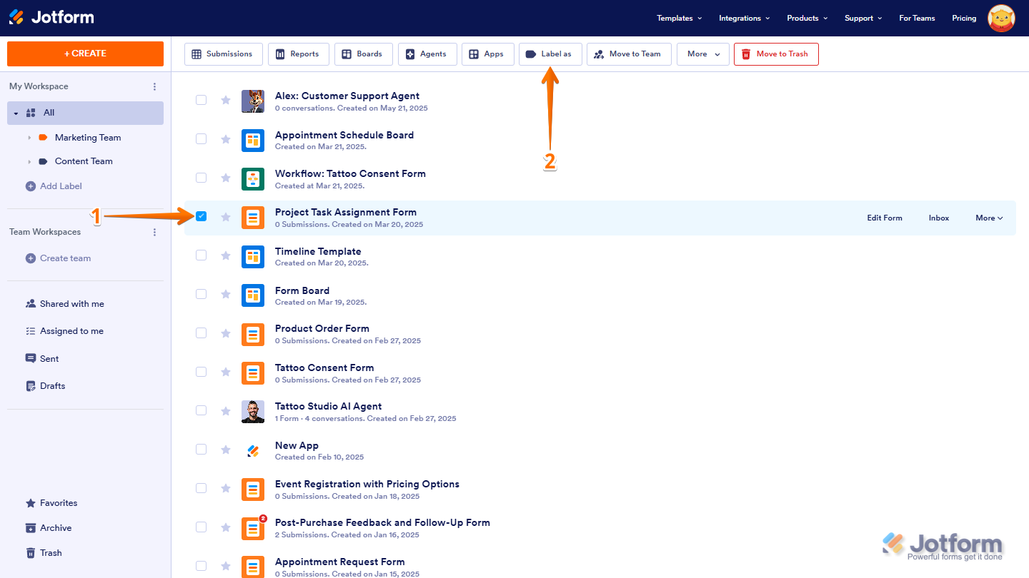Choose Form and Label as Button in Workspace Jotform