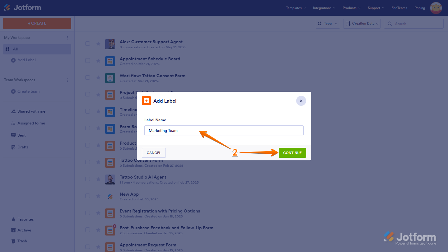 Label Name and Continue Button in Jotform
