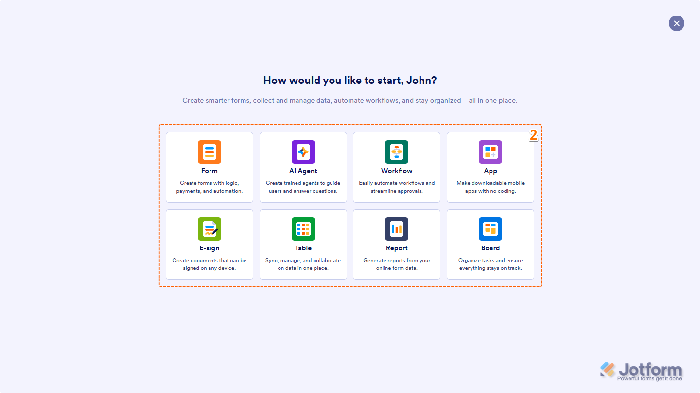 Select Type of Asset you want to Create in Workspace Jotform