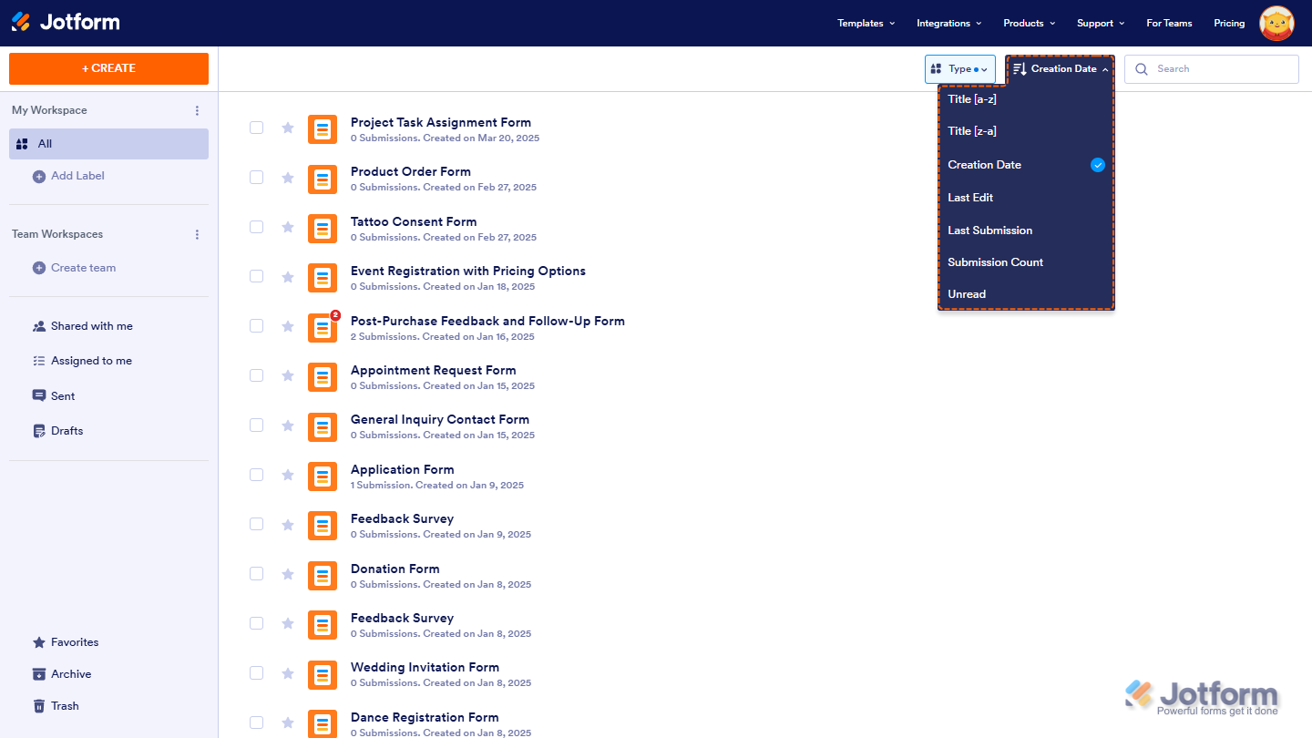 Additional Sorting Options when Form is the only selected Asset Workspace in Jotform