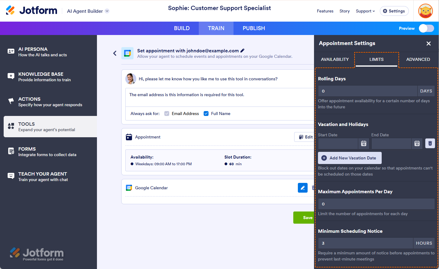 Limits tab of Google Calendar Appointment Settings in AI Agent Jotform