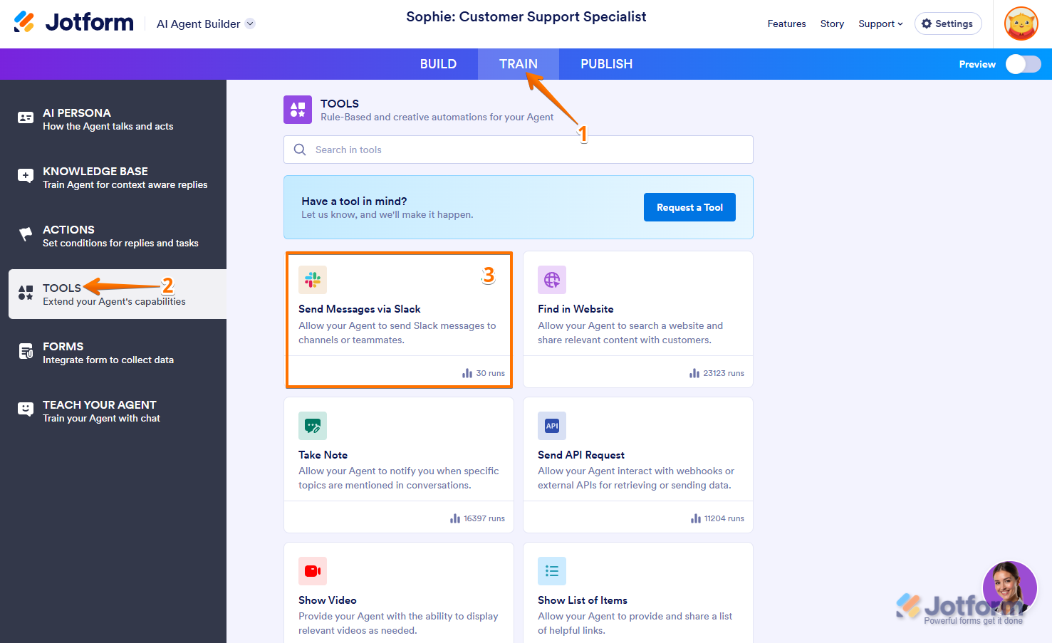 Integrated Slack in Tools option in AI Agent in Jotform