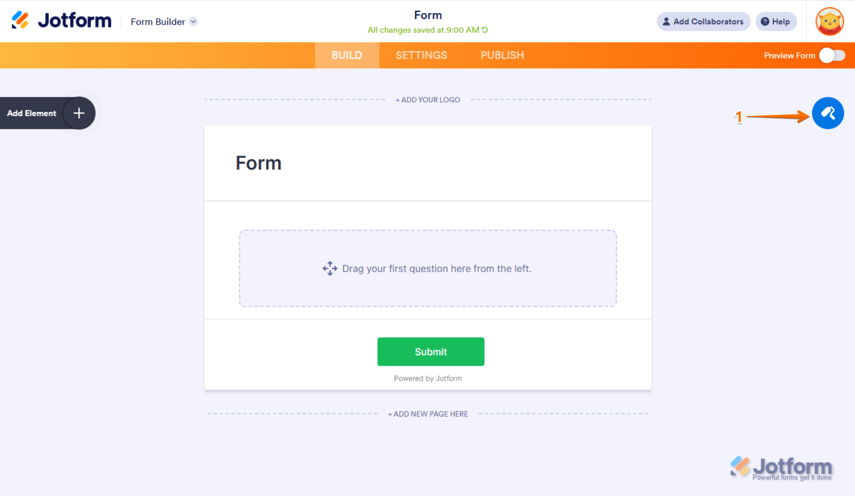 Form Builder interface with the Paint Roller icon highlighted in the top-right corner, used to open the Form Designer for customization