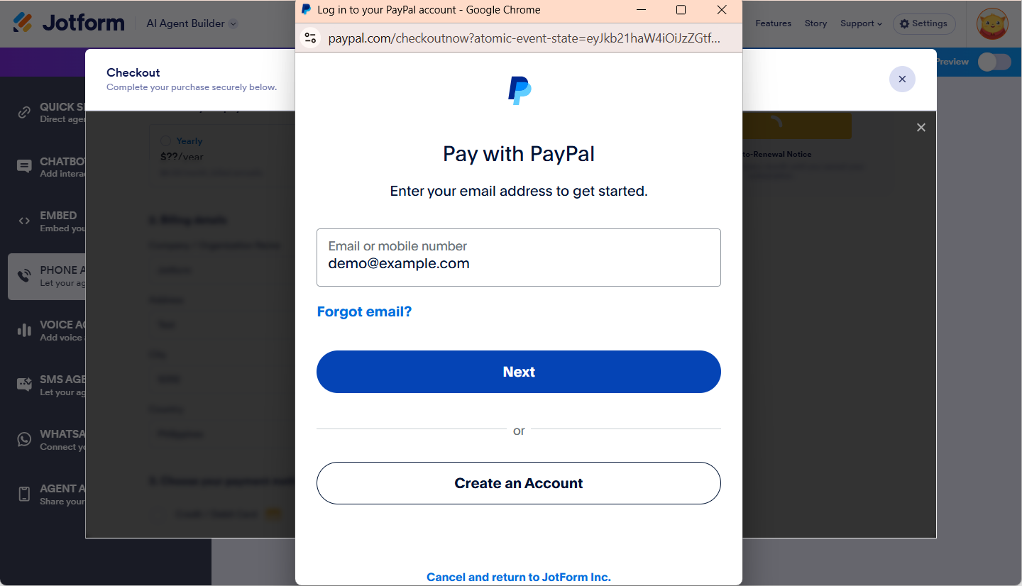 Paypal option in the Payment Page of Get Number in AI Agent Builder Jotform