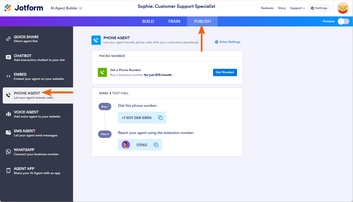 Phone Agent Section in the AI Agent Builder in Jotform