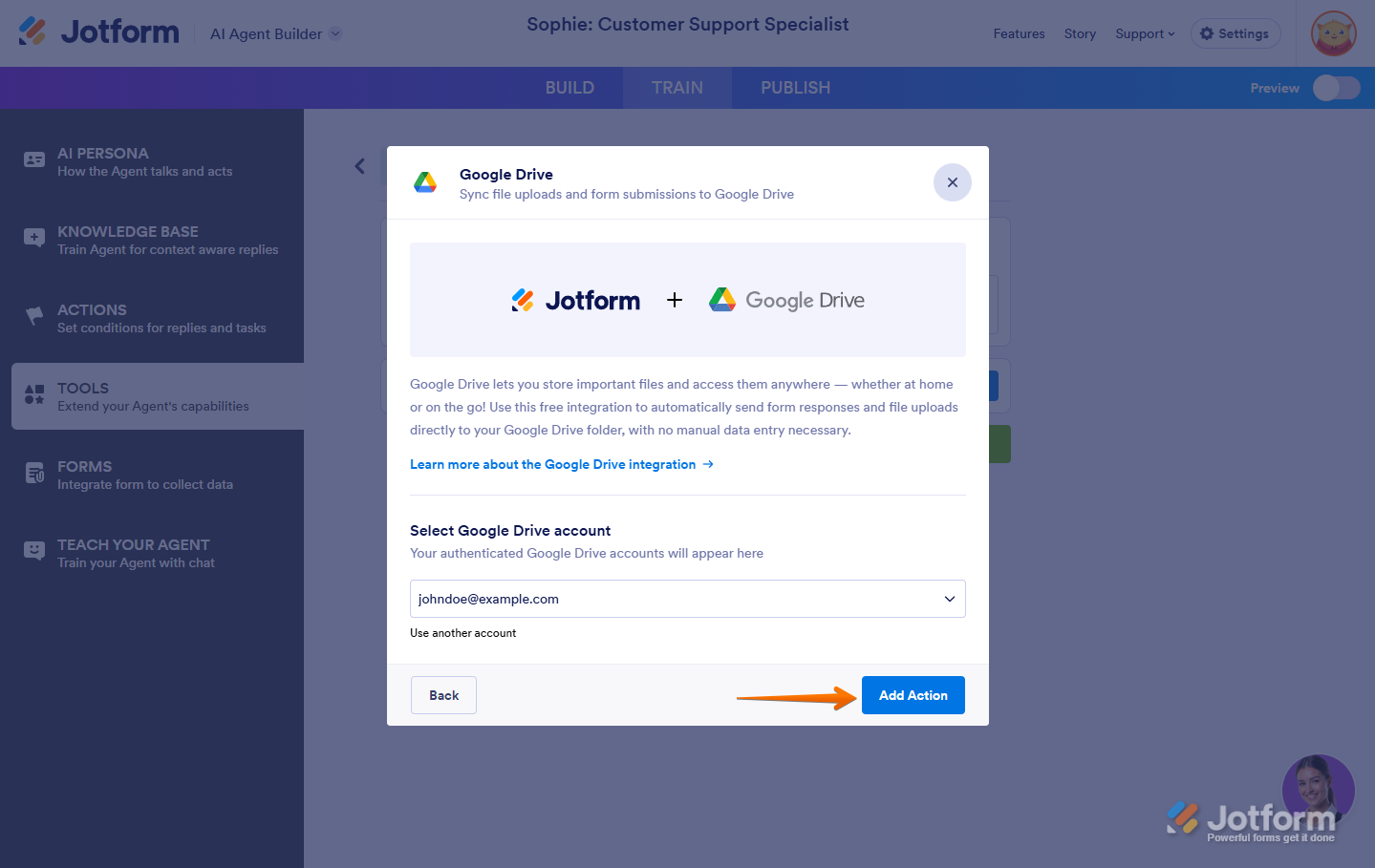 Add Action button in Google Drive Integration in AI Agent Jotform